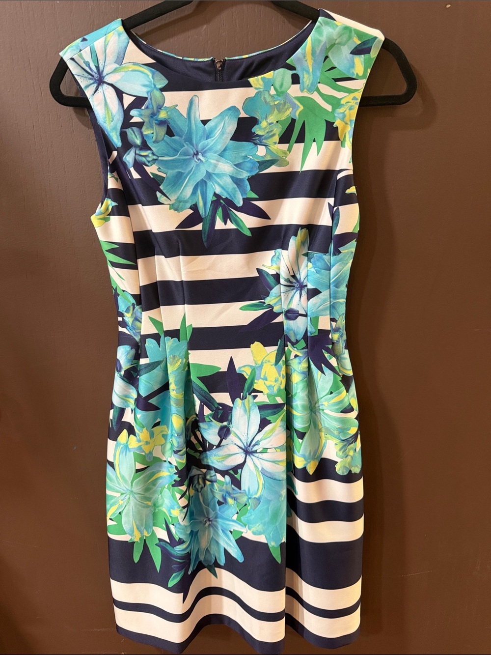 Vince Camuto Navy, White & Teal Floral Stripe Mini Dress
